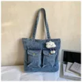 Casual blue denim tote bag for women, large capacity shoulder bag with dual front pockets. - Sand Washed Light Blue