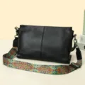 Echte lederen schoudertas voor dames, casual tas met brede etnische band, grote capaciteit tas. - Zwart