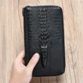 Men's Black Genuine Leather Long Wallet Business Crocodile Pattern Zipper Clutch Bag - Crocodile / Black