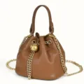 Bruine lederen emmertas met ketting en handvat stijlvolle casual schoudertas voor dames - Bruin