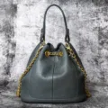 Donkergrijze echt lederen emmertas, chique ketting schoudertas en crossbody tas voor dames. - Grijsblauw