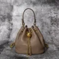 Genuine leather bucket bag with chain strap and gold hardware in taupe, elegant shoulder bag. - Khaki