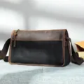 Sac Bandoulière Homme En Toile Et Cuir De Cheval Fou Vintage Sac De Messager - Noir
