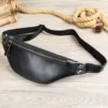 Echt lederen borsttas voor heren casual heuptas in zwart voor outdoor sporten en reizen - Zwart