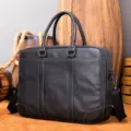 Heren zwarte lederen zakelijke aktetas, 14-inch laptoptas met schouderriem en dubbele handvatten. - 9879 groot met dubbele ritssluiting