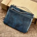 Dark blue leather coin purse mini zipper clutch portable card pouch key holder daily use - Blue