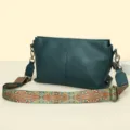 Dark green leather shoulder bag with colorful patterned wide strap, casual fashion crossbody bag. - Dark Blue