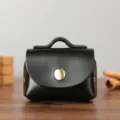 Echt lederen mini portemonnee vintage oortjes opbergtas kleine handgemaakte lederen etui sleutel - Zwart