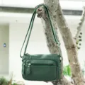 Green genuine leather crossbody bag, stylish casual shoulder bag with multi-pocket design. - Green