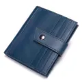 Blauwe lederen kaarthouder voor heren, compacte creditcardportemonnee met drukknoopsluiting. - Blauw