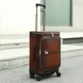 Retro brown leather business rolling luggage suitcase with universal wheels and combination lock. - Luggage / Coffee