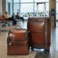 Genuine leather vintage retro luggage suitcase and backpack set in deep brown color. - Set / Coffee