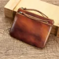 Bruine vintage echt lederen mini portemonnee met dubbele rits voor dagelijks gebruik. - Bruin