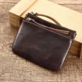 Mini donkerbruine lederen ritssluiting portemonnee voor vrouwen, draagbare kaartsleuteltas. - koffiekleur