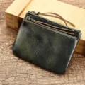 Vintage leather coin purse with double zippers, portable small card holder and change wallet. - Green