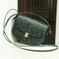 Dark green embossed leather crossbody bag, vintage retro style shoulder handbag for women. - Green Embossed