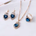 Blue heart crystal necklace earrings ring set, elegant fashion jewelry for women and brides. - Heart / Dark Green