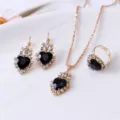 Fashion black heart crystal necklace earrings ring jewelry set for women wedding party gifts. - Heart / Black