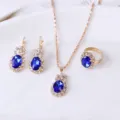 Blauwe kristal ovale sieraden set ketting oorbellen ring elegante mode accessoires - Saffierblauw