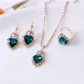 European and American fashion heart crystal necklace earrings ring jewelry set detail view. - Heart / Green
