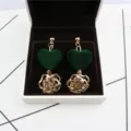 Green velvet heart and gold hollow rose zircon drop earrings for sweet women daily wear. - Dark Green