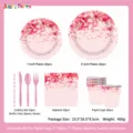 Ensemble de vaisselle jetable de fête cœur rose avec assiettes gobelets serviettes 10pcs - Service 8 pièces pour 10 personnes