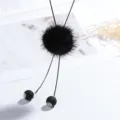 Long black mink fur pom-pom sweater chain necklace with matte bead pendants for women winter style - Black