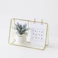 Supporto per piante in ferro dorato con vaso di succulente e porta foto per scrivania. - Aloe oro e rosa