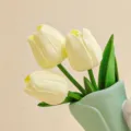Artificial yellow tulips in a ceramic vase for home desktop decor and flower arrangements. - Small Bouquet of Cream Yellow Tulips