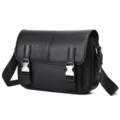 Zwarte echt lederen heren messenger bag casual retro crossbody tas met dubbele gesp design. - 28,5 cm x 8 cm x 22 cm / Zwart