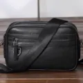 Heren zwarte echt lederen schoudertas crossbody tas met ritsvakken en brede riem - Zwart