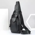 Heren echt leer sling tas casual borst crossbody tas zakelijke reizen dagrugzak - Zwart Glad
