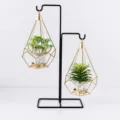 Supporto per piante in ferro geometrico a doppio gancio nordico con finte succulente - Modello a doppio gancio con cactus e pianta aerea