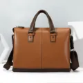 Men brown leather business briefcase stylish commuter laptop bag for daily office work. - Brown
