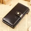 Dark brown leather long wallet for women with snap button, multi-card slots and side zipper. - Coffee