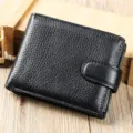 Zwarte echt lederen korte portemonnee voor heren met knopsluiting, vintage rundleer design. - 12,5*2*9,7cm / Zwart