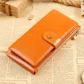 Women genuine leather long wallet retro multi-card clutch purse with snap button and zipper. - Orange