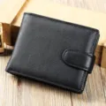 Heren zwarte echt lederen korte portemonnee, klassieke zakelijke kaarthouder met drukknoopsluiting. - 12,5*2*9,7cm / Zwart Glad
