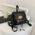 Stylish black PU leather mini backpack with cute dog embroidery, trendy student school bag. - With Pendant / Black