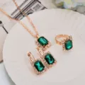 Elegant green rhinestone necklace earrings ring jewelry set for women fashion party accessories - Square / Green