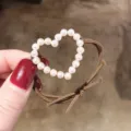 Korean style heart pearl hair tie elastic rubber band for women daily hair styling brown - Pearl Hair Ring/Heart