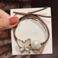 Korean minimalist hair tie with white butterfly pearl and metal charm for women daily wear - Butterfly/White