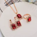 Elegant red crystal necklace earrings ring jewelry set for women, rose gold fashion accessories. - Square / Red