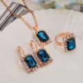 Blue rhinestone jewelry set, rose gold tone necklace earrings ring variant for women - Square / Square Dark Green