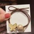 Korean style brown hair tie with elegant butterfly and pearl charm, elastic hair band. - Butterfly/Yellow
