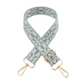 Woven bag strap detail showing blue embroidered pattern and gold hardware features. - Off-white Base with Lake Blue