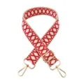 Close-up detail of the adjustable red white jacquard woven replacement bag strap metal hardware - Beige Red