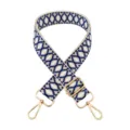 Close-up detail of blue and white geometric jacquard replacement bag strap with gold hardware. - Beige Royal Blue