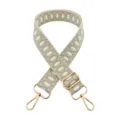 Woven bag strap detail view, adjustable jacquard shoulder strap with gold metal hardware. - Beige Matcha Green