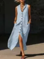 Vestido largo sin mangas con cuello en V abotonado y abertura azul claro, estilo casual. - S / Azul claro